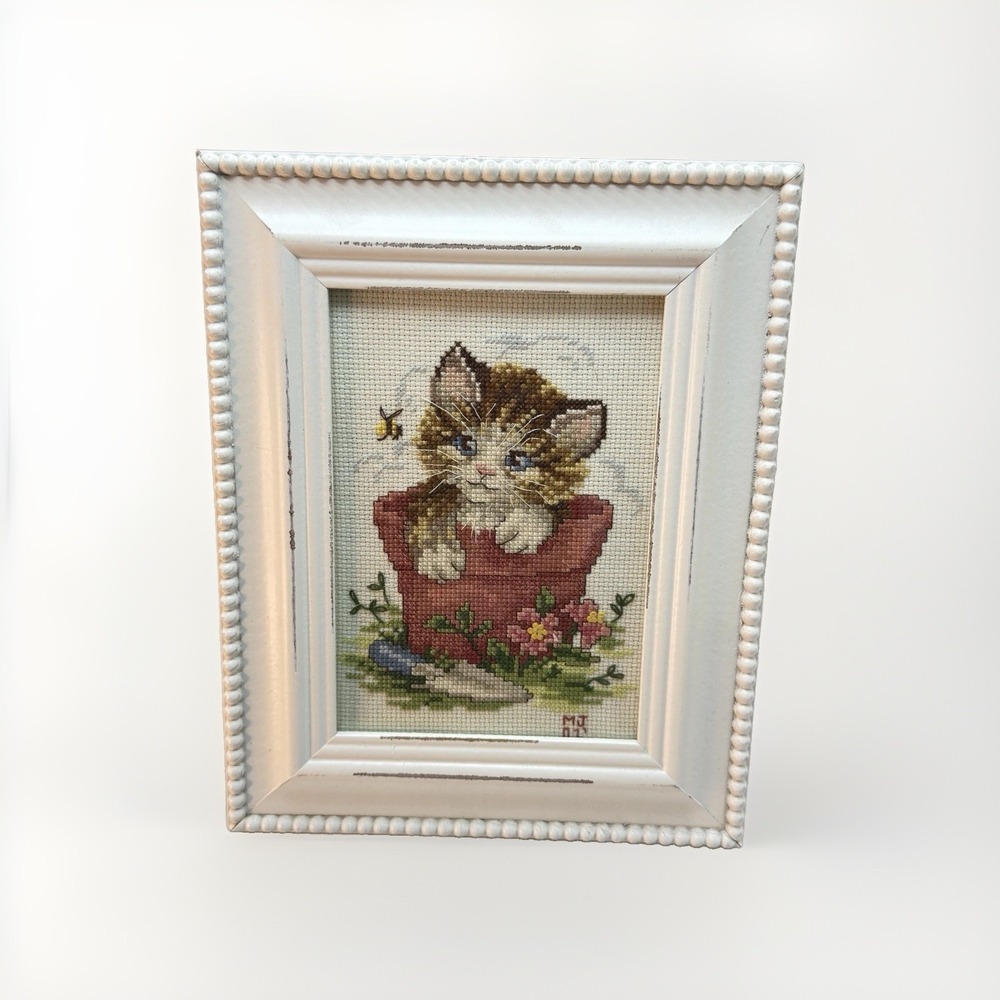 Curious Kitten Cross Stitch Adorable Kitty 10"x8" Framed Cat Lover Art